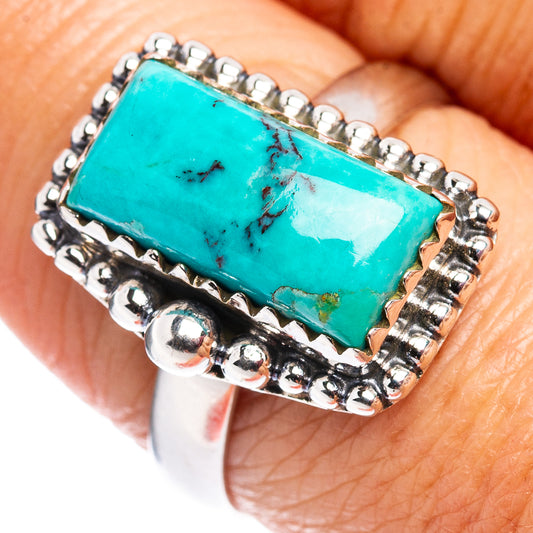 Turquoise rectangular stone ring in .925 sterling silver with beaded bezel