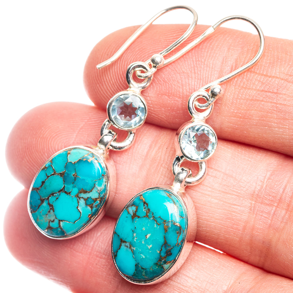 Oval turquoise and blue topaz drop earrings, 925 sterling silver hooks