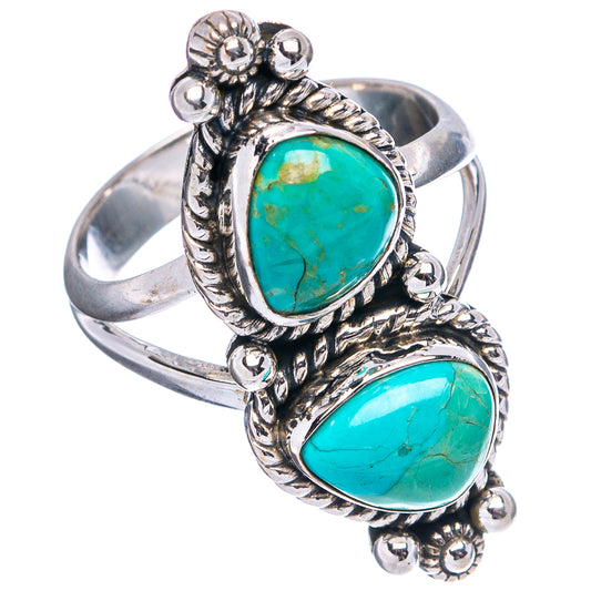 Native Style Mohave turquoise double-stone ring, .925 sterling silver with ornate settings