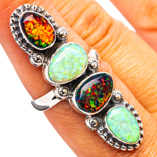 Sterling silver opal-look ring, four oval multicolor stones in raised prong settings
