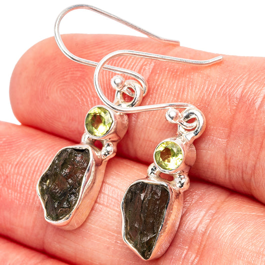 Sterling silver moldavite earrings with round green stones and dark green rough drops