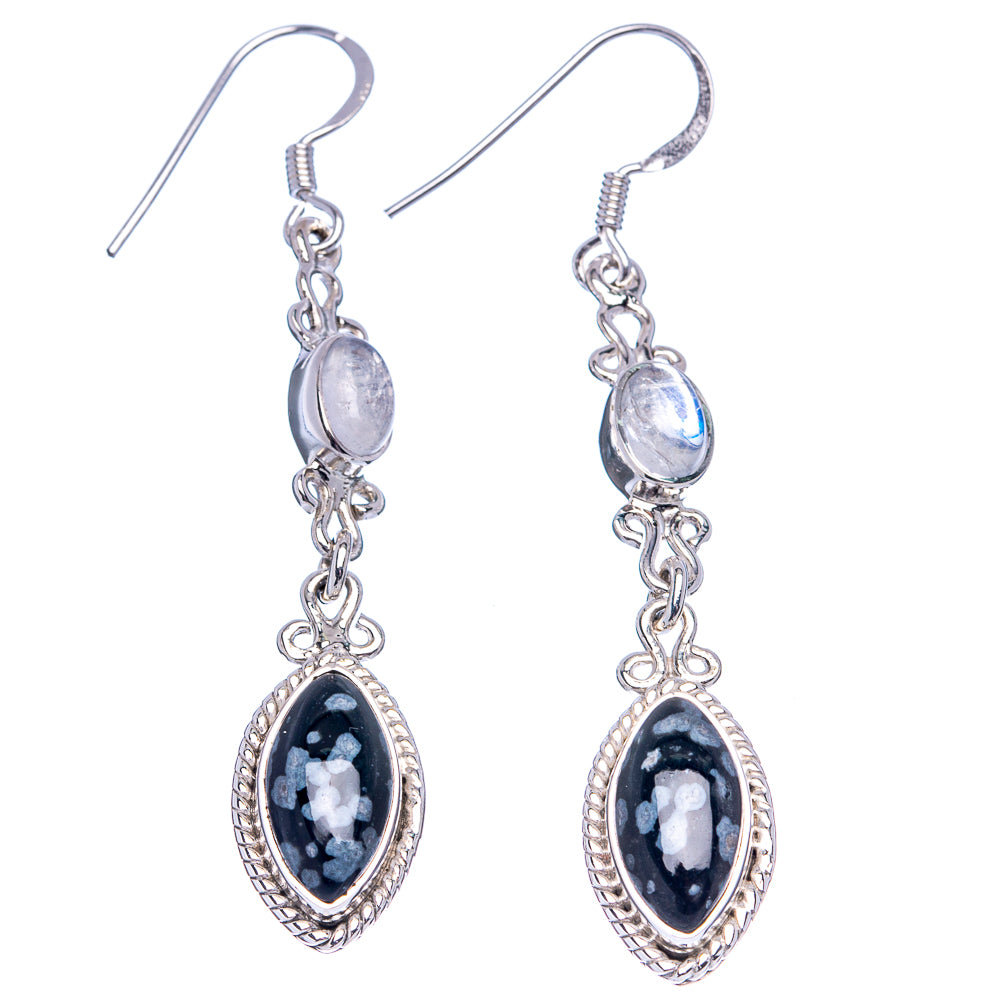 Premium Snowflake Obsidian, Rainbow Moonstone Earrings 2 1/8" (.925 Sterling Silver)