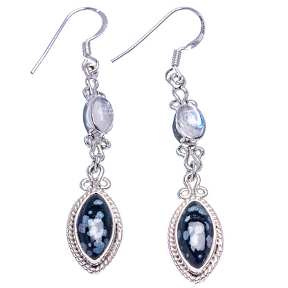 Premium Snowflake Obsidian, Rainbow Moonstone Earrings 2 1/8" (.925 Sterling Silver)