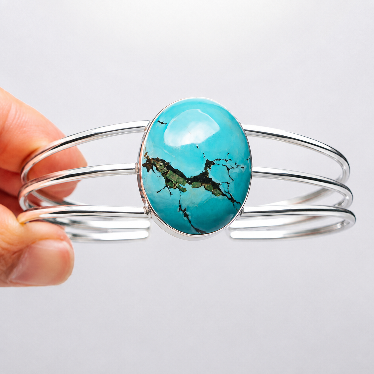 Tibetan Turquoise Cuff Bracelet Adjustable (.925 Sterling Silver)