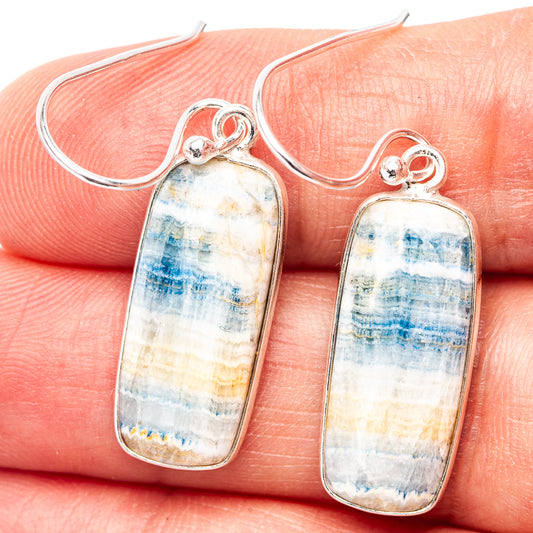 Blue scheelite drop earrings, rectangular blue-and-white stone with sterling silver hooks.