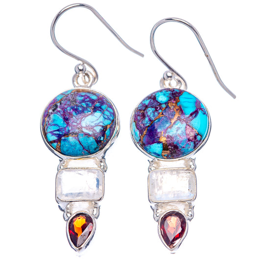 Sterling silver hook earrings, round blue-purple turquoise cabochon with red pear teardrop below
