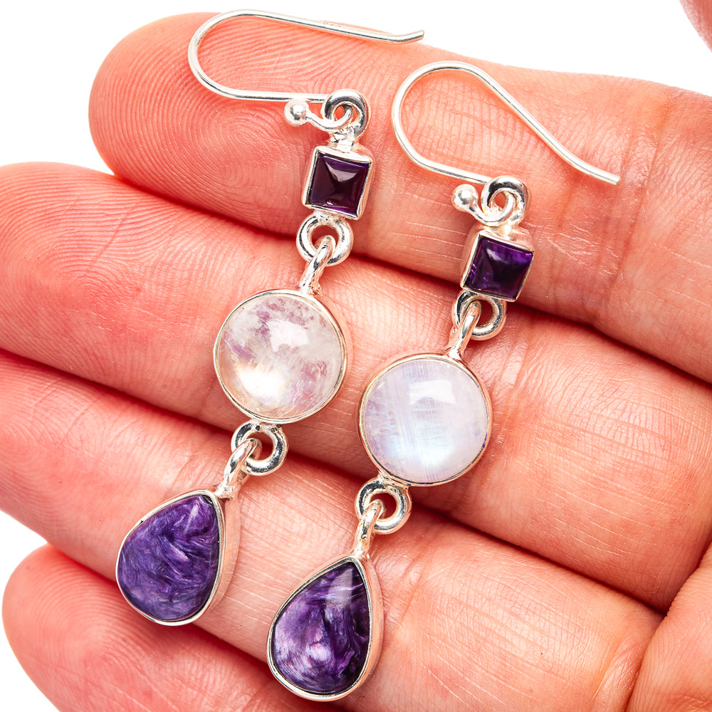 Premium Charoite, Rainbow Moonstone, Amethyst Earrings 2 1/8" (.925 Sterling Silver)