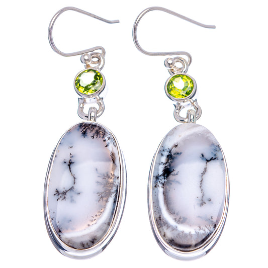 Silver hook drop earrings with round green peridot and oval white dendritic opal