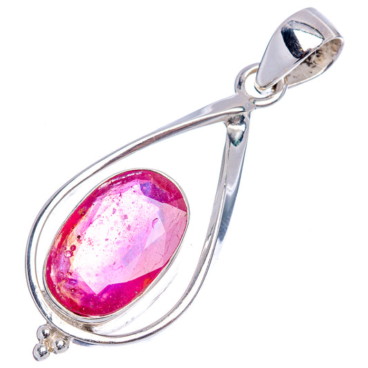 Sterling silver teardrop pendant with oval ruby glass cabochon and bail loop