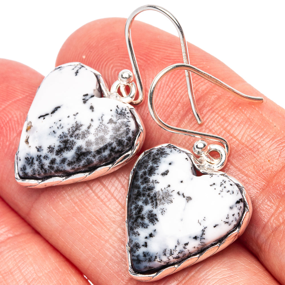 Dendritic Opal Heart 925 Sterling Silver Earrings 1 1/4" (925 Sterling Silver) E1969