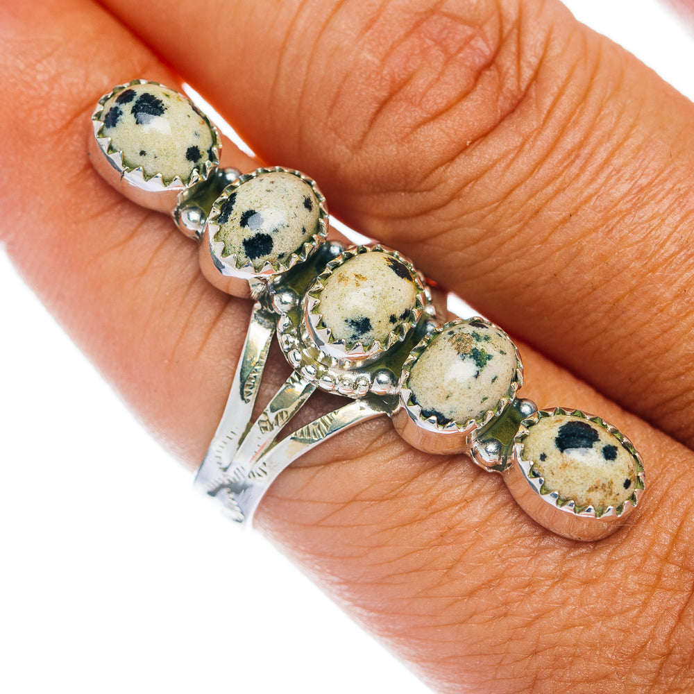 Sterling silver dalmatian jasper gemstone ring with five oval speckled stones