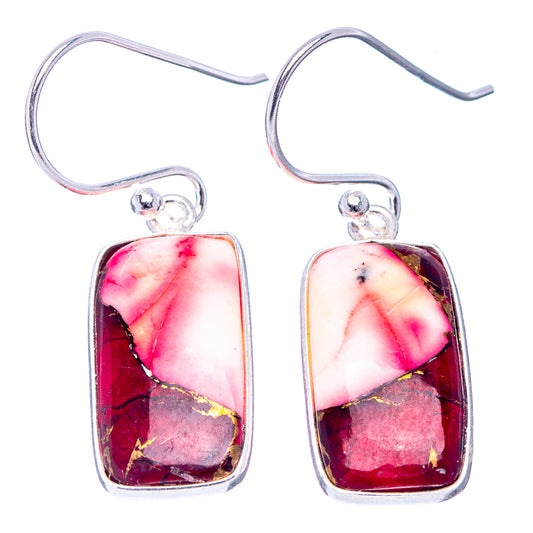 Sterling silver drop earrings with rectangular red and pink marbled stone