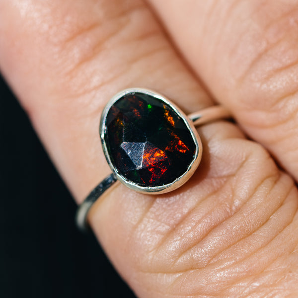 Black Ethiopian Opal Dainty Ring Size 7 (.925 Sterling Silver)