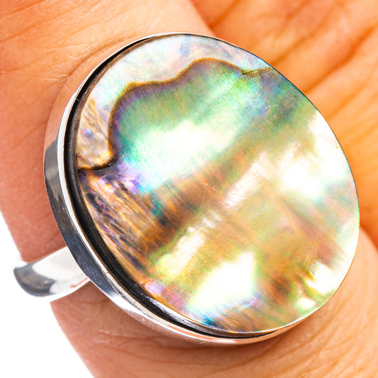 Size 7.75 sterling silver abalone shell ring with iridescent round bezel
