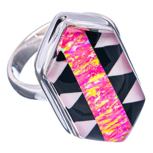 Sterling silver oval bezel ring with faceted pink and yellow opal center, geometric black/white