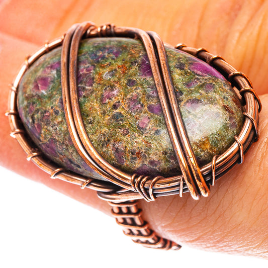 Oval fuchsite gemstone ring in oxidized copper wire, multicolor mottled stone