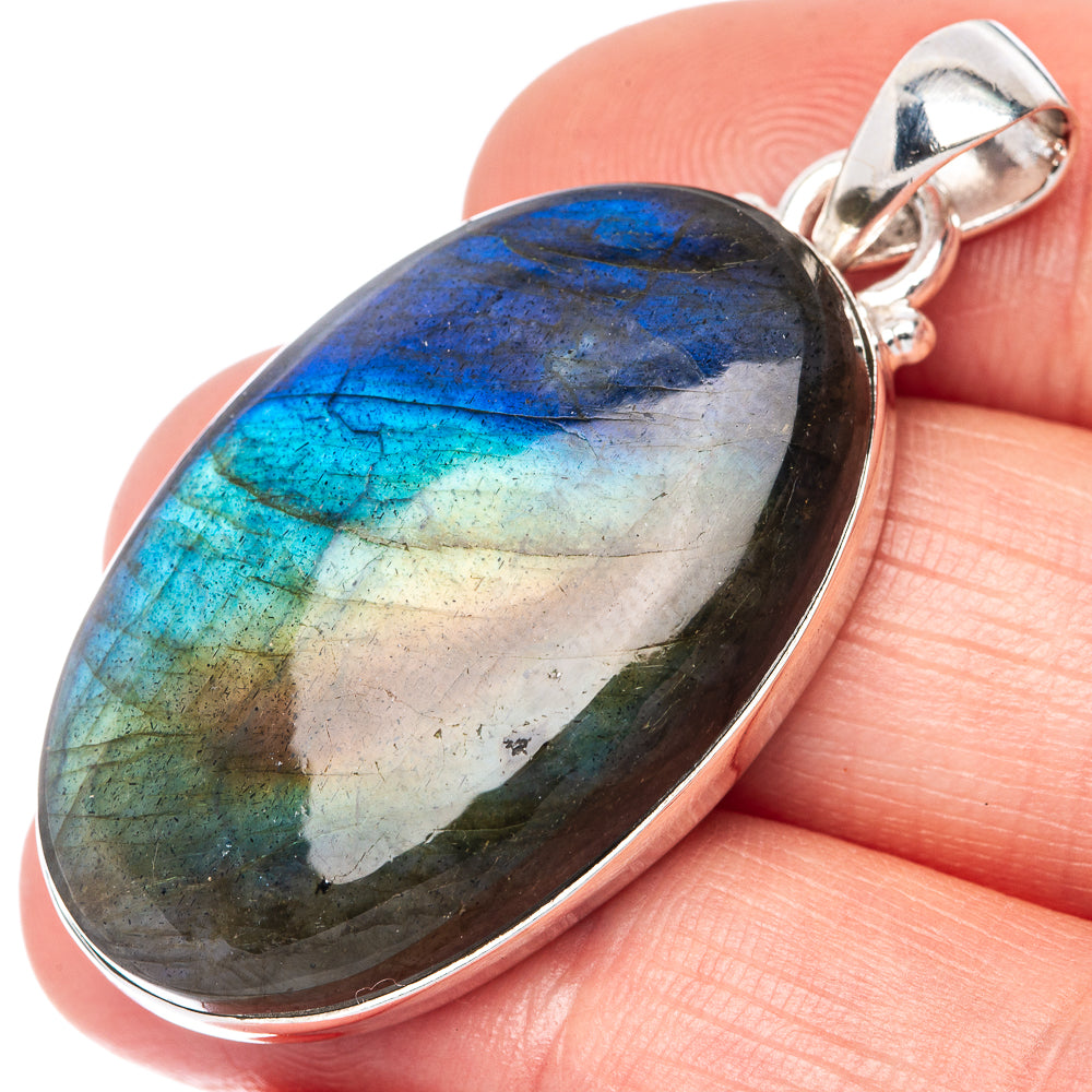 Oval labradorite pendant with blue-green flash and 925 sterling silver bezel bail