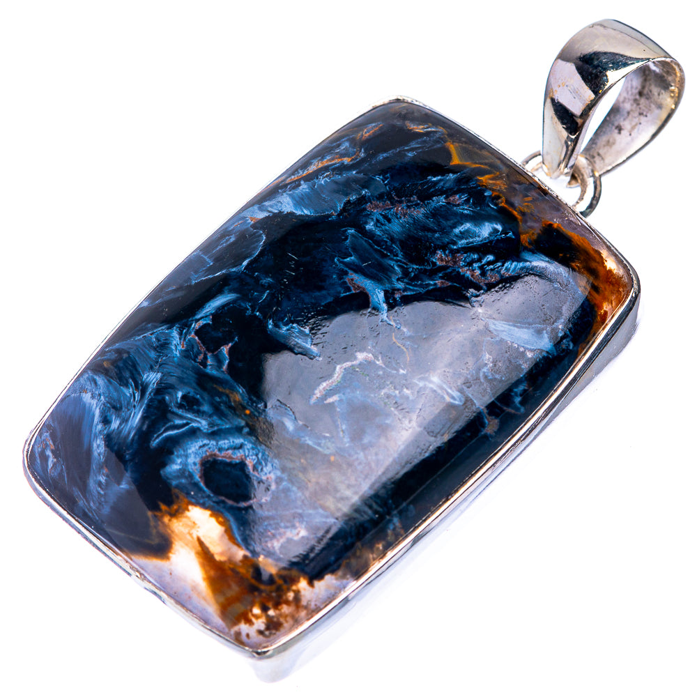 Sterling silver pendant with rectangular pietersite stone, blue, gray, and orange in bezel