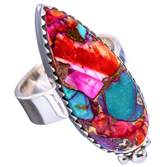 Adjustable .925 sterling silver ring with large pear-shaped multicolor inlay and turquoise stone