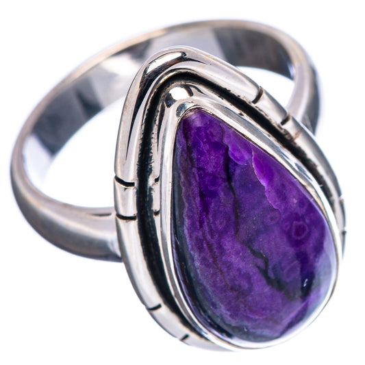 Purple oval sugilite ring in .925 sterling silver, side view of bezel frame