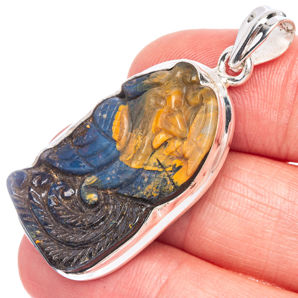 925 sterling silver phoenix pendant with boulder opal; blue and amber stone