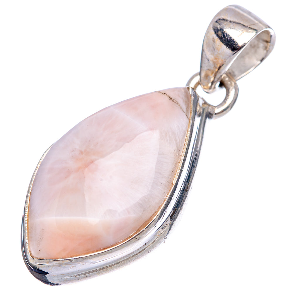 Sterling silver natrolite pendant with pink teardrop gemstone, side view bail