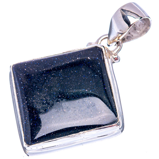 Blue goldstone square pendant in .925 sterling silver bezel, shown at an angle