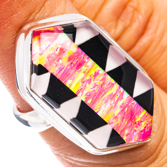 925 sterling silver oval opal ring, size 5.75, pink iridescent center in black checks