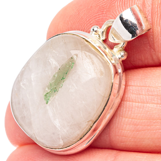 Oval quartz pendant with green tourmaline inclusion in .925 sterling silver setting