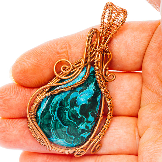 Malachite In Chrysocolla Wire Wrap Pendant 2 1/2" (Copper)