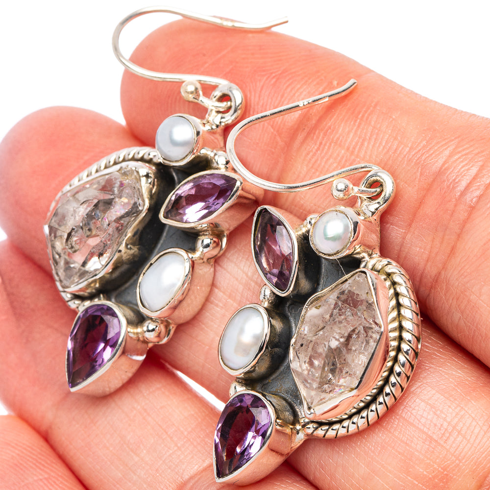 Herkimer Diamond, Amethyst, Cultured Pearl Earrings 1 5/8" (925 Sterling Silver) E2398