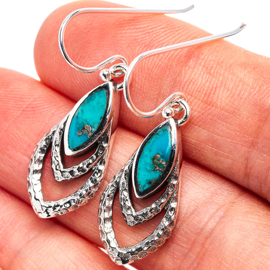Turquoise cabochon dangle earrings in hammered .925 sterling silver, ornate layered teardrop