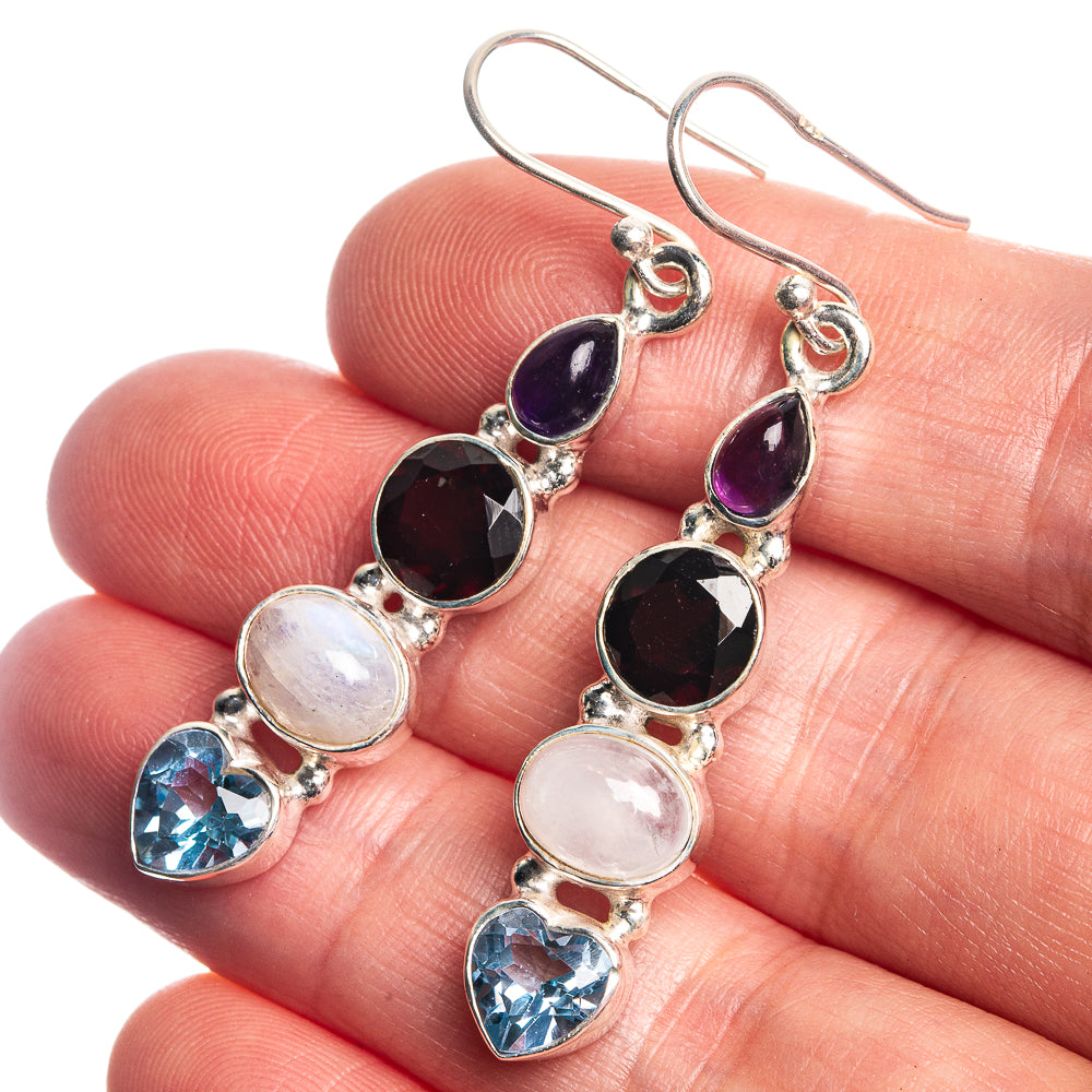 Rainbow Moonstone, Garnet, Blue Topaz, Amethyst 925 Sterling Silver Earrings 2"