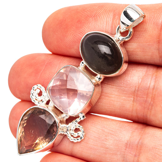 .925 sterling silver pendant with rose quartz and smoky quartz gemstone cabochons