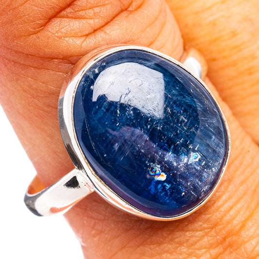 Sterling silver kyanite ring with oval blue stone, wide bezel setting