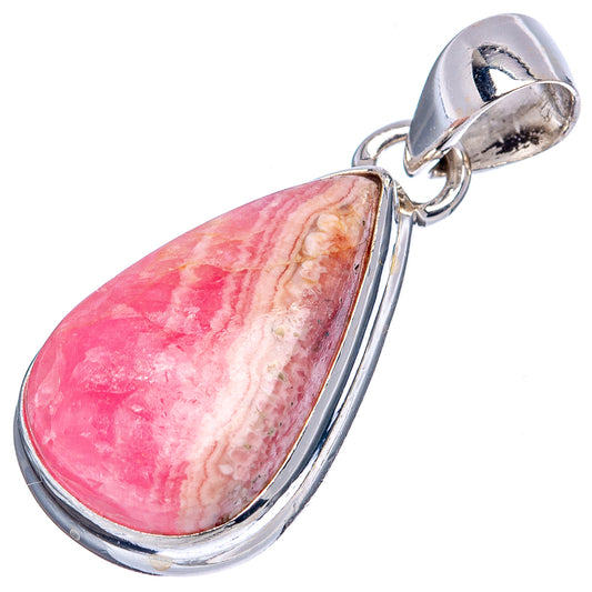 Rhodochrosite teardrop pendant in .925 sterling silver with pink marbled stone and loop bail.