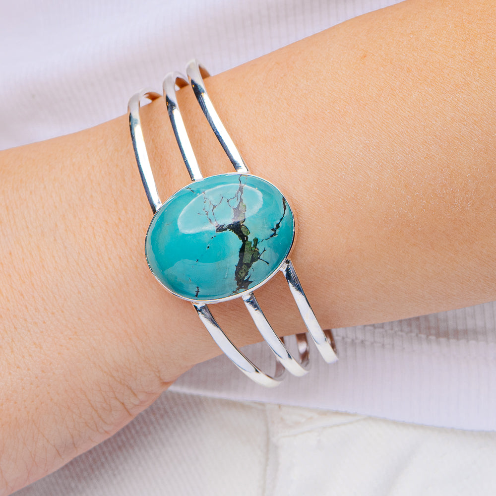 Tibetan Turquoise Cuff Bracelet Adjustable (.925 Sterling Silver)