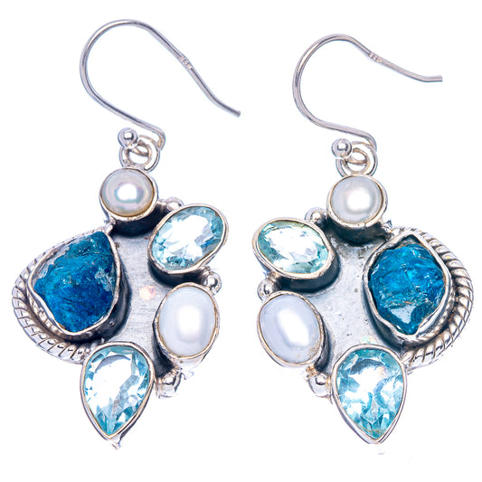 Premium Apatite, Blue Topaz, Cultured Pearl Earrings 1 5/8" (925 Sterling Silver) E1706