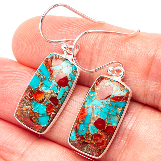 Sterling silver drop earrings with rectangular coral turquoise mosaic stone inlay