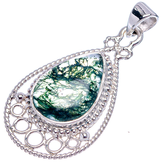 Sterling silver teardrop moss agate pendant with silver bail and beaded frame