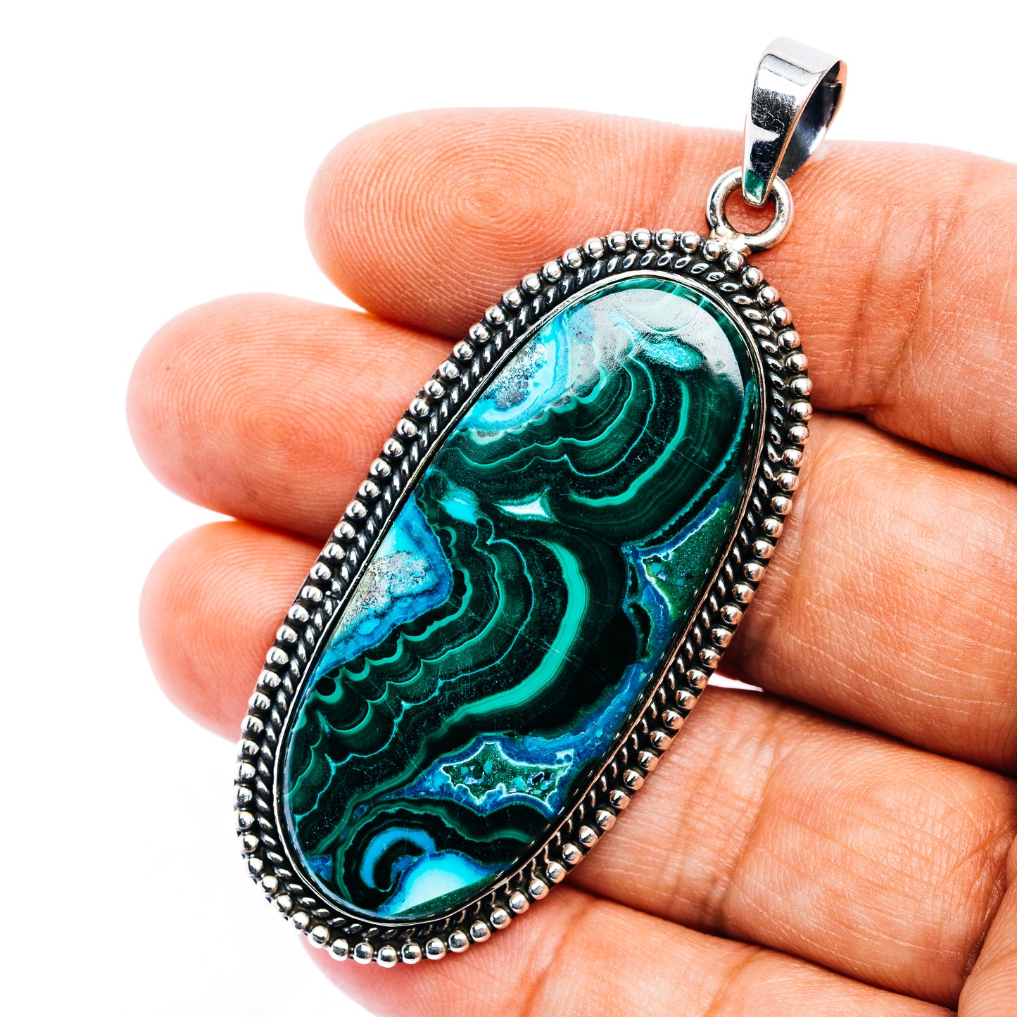 Chrysocolla In Malachite Pendant 2 3/4" (.925 Sterling Silver)
