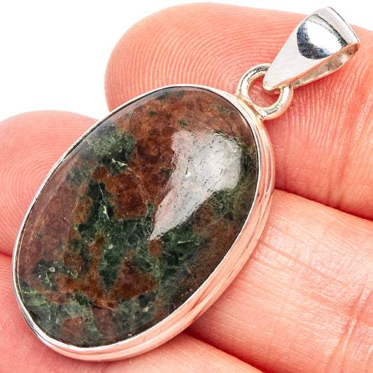 Oval cabochon stone pendant in 925 sterling silver; green and brown mottled oval
