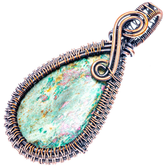 Oxidized copper wire-wrapped oval pendant with green-blue gemstone cabochon and loop bail