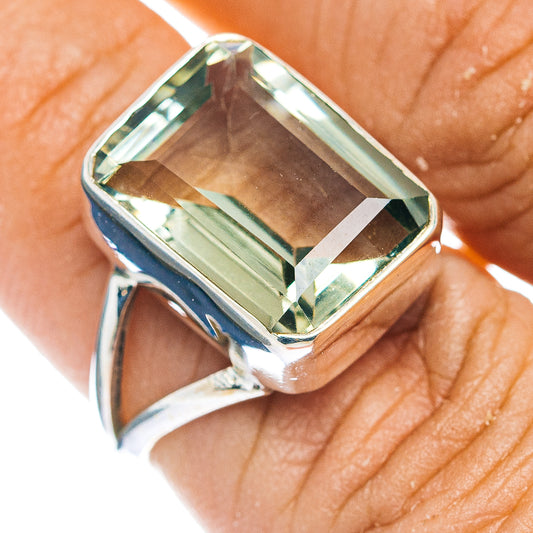 Sterling silver ring with square faceted green amethyst centerpiece