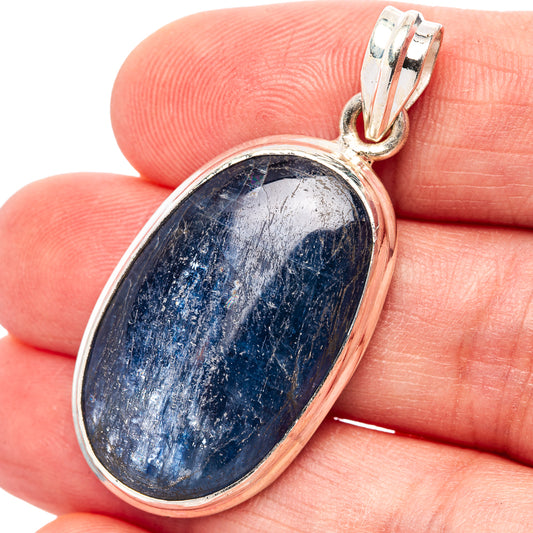 Kyanite pendant in .925 sterling silver, oval blue stone bezel with loop bail