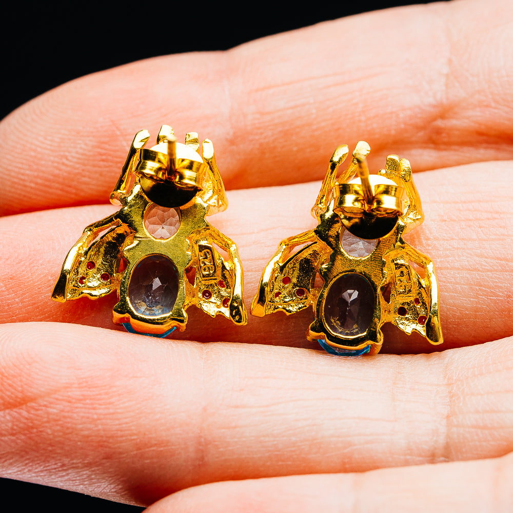 Swiss Blue Topaz, Rhodolite Garnet, Peridot Bee Earrings 3/4" (.925 Sterling Silver) 24k Gold Plated
