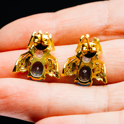 Swiss Blue Topaz, Rhodolite Garnet, Peridot Bee Earrings 3/4" (.925 Sterling Silver) 24k Gold Plated