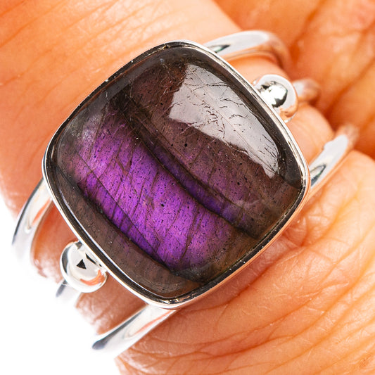 Sterling silver labradorite ring with oval stone, purple-blue iridescent flash bezel