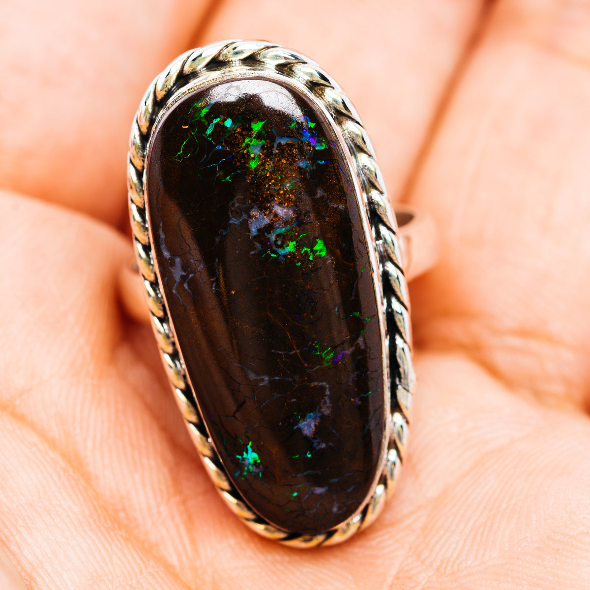 Premium Australian Boulder Opal  Ring Size 6.75 (.925 Sterling Silver)