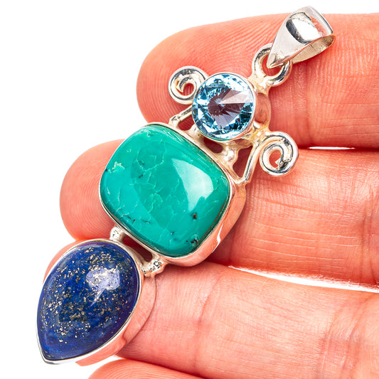 925 sterling silver pendant with oval turquoise, lapis, and round blue topaz stones